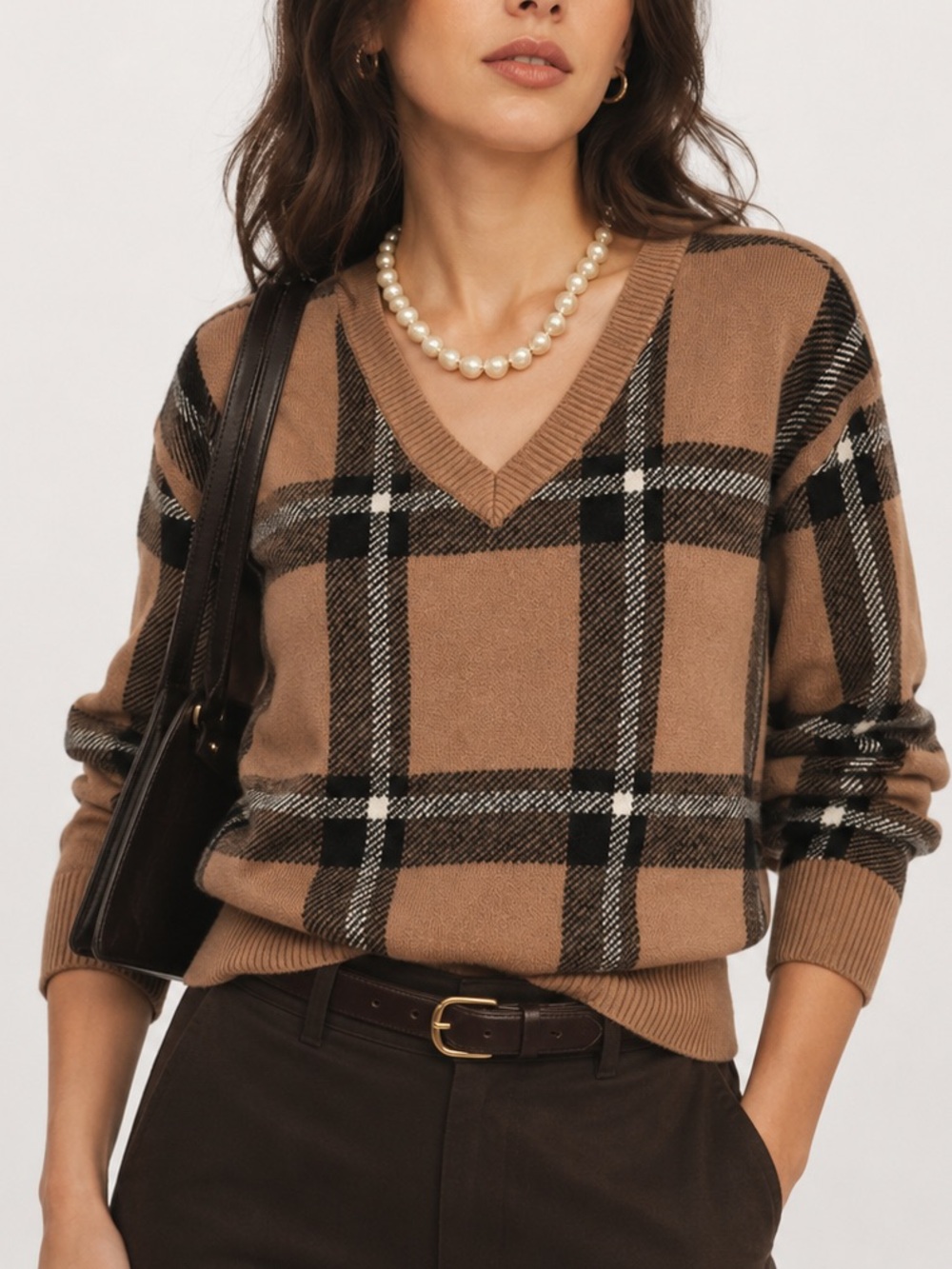 Max Studio Brown Plaid V-Neck Sweater Preppy Dark Academia Workwear Size Small